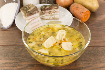 soup with dumplings and ham