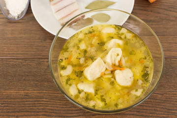 soup with dumplings and ham