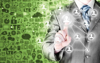 man hand pressing social media icon