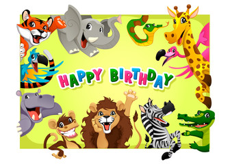 Obraz na płótnie Canvas Happy Birthday card with Jungle animals
