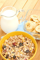 Delicious and healthy cereal in bowl with milk