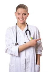 female doctor smiling pointing