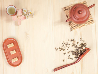 tea set on a wooden table