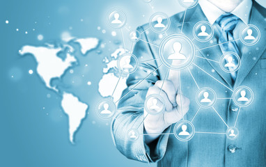 man hand pressing social media icon