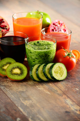 Glasses of fresh organic vegetable and fruit juices