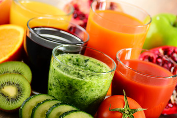 Glasses of fresh organic vegetable and fruit juices