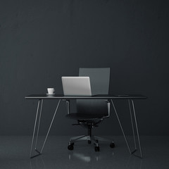 Modern workplace in the office with black wall