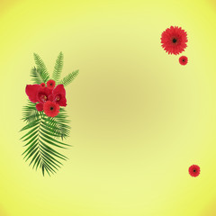 Space for your text near palm tree leaves and red flowers