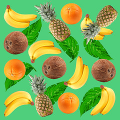 Tropical background with oranges, coconuts, pineapples, bananas