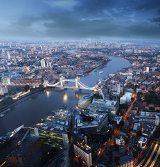 Naklejka premium London aerial view with Tower Bridge in sunset time