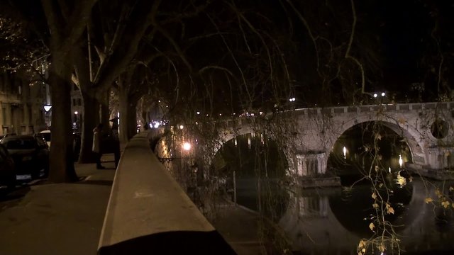 Bridge Ponte Sisto over the river Tiber at night. Rome