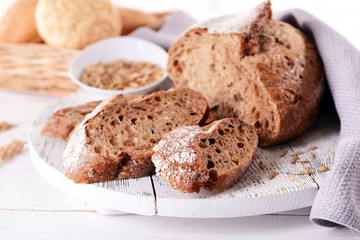 Tasty bread on table close-up