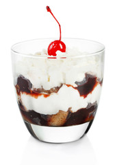 Tasty tiramisu dessert in glass, isolated on white