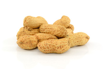 Dried peanuts in closeup on white background