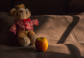 still life of cowboy bear and apple on vintage leather
