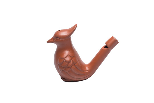 clay whistle in the bird shape isolate on white