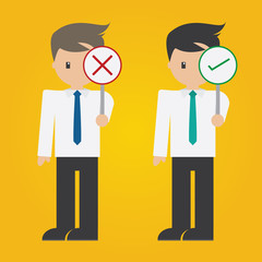 Vector of Businessman holding wrong and right sign