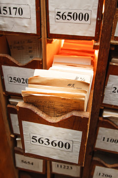 Drawer with business papers in archive