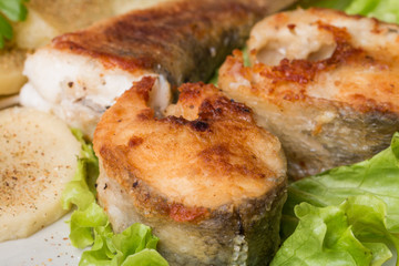 White fish with potato on white plat