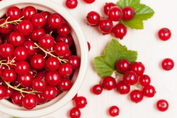 Red currant superfood in a bowl with green leaves
