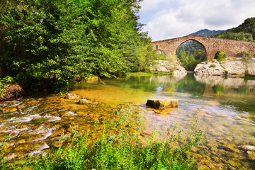 Fototapeta na wymiar Mountain river with medieval arched bridge in Pyrenees