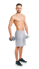Fototapeta premium Sport man with dumbbells on the white