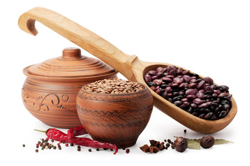 clay pot, wooden spoon, lentils, beans and spices
