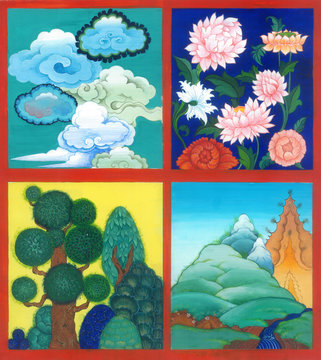 4 asian nature scene : clouds, flowers, trees, mountains