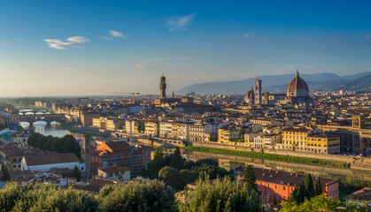 Fototapeta na wymiar Sunset Florence with Cathedral, Palazzo Vecchio, Ponte Vecchio
