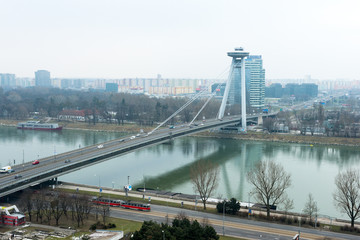 Fototapeta na wymiar Skyline of Bratislava with Bridge of the Slovak National Uprisin