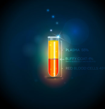 Test tube with blood cells, plasma, buffy coat and red blood cel
