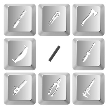 chisel, knife, axe, two-handled saw, ruler, screwdriver, gasolin