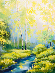 oil painting - spring landscape, river in the forest, colorful w