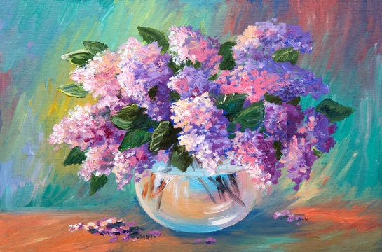 Oil painting of spring lilac  in a vase on canvas, art work