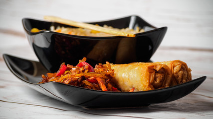 Rice with Vegetables, Spring-rolls and Meat