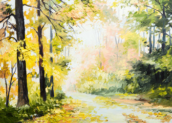oil painting autumn landscape, road in a colorful forest, art wo