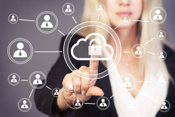 Businesswoman pushing web button cloud sign