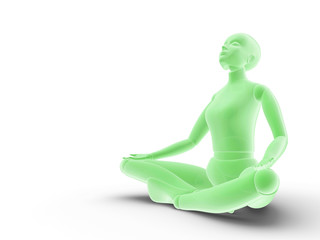 Mannequin sitting practicing yoga and meditating isolated in whi