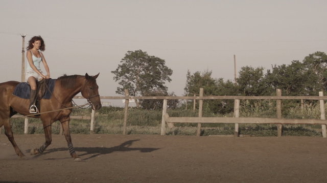 Young woman riding a horse on a lunging rein