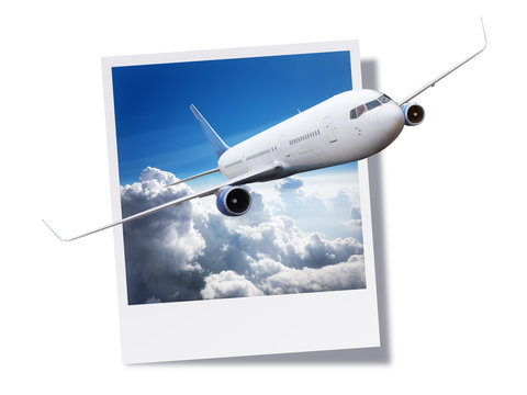 Airplane breaking free from an instant print photo or postcard
