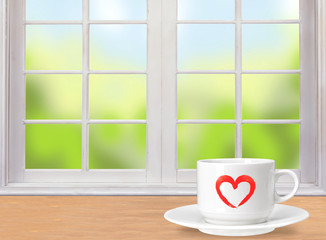 White coffee cup on wooden table and window with nature backgrou