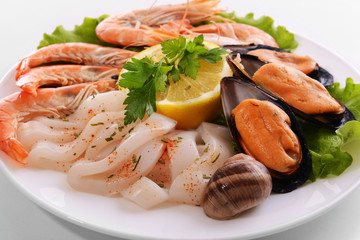 Tasty seafood on plate close-up