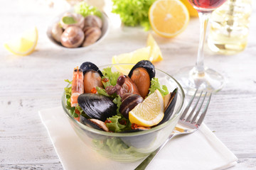 Tasty seafood on plate on table close-up
