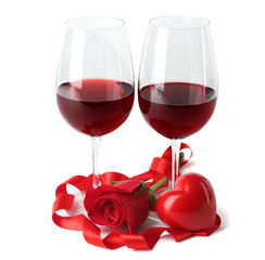 Composition with red wine in glasses, red rose, ribbon and