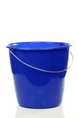 empty blue plastic household bucket on a white background