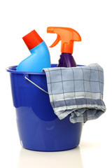 blue plastic household bucket with two cleaning bottles