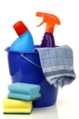 blue plastic household bucket with two cleaning bottles