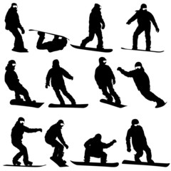 Black silhouettes set snowboarders on white background. Vector i