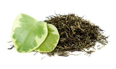 White tea leaves isolated on black