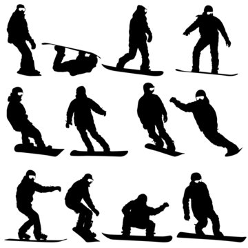 Black silhouettes set snowboarders on white background. Vector i